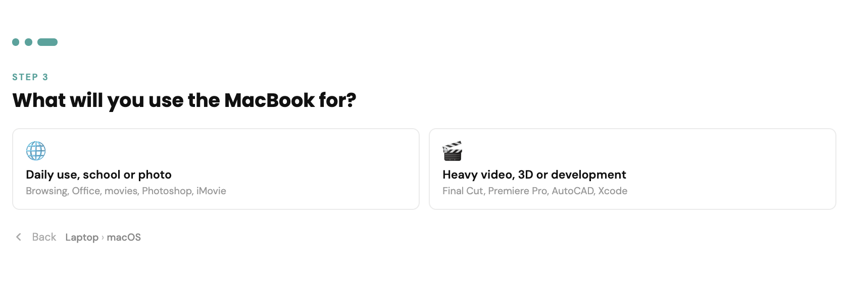 Schermafbeelding van stap 3 in de keuzehulp-wizard: 'What will you use the MacBook for?' met de keuzeopties dagelijks gebruik of zwaar video-, 3D- en ontwikkelwerk.